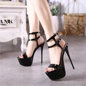 Black Patent Platform Stiletto Heels Strappy Sandals Size 8 New Without Box